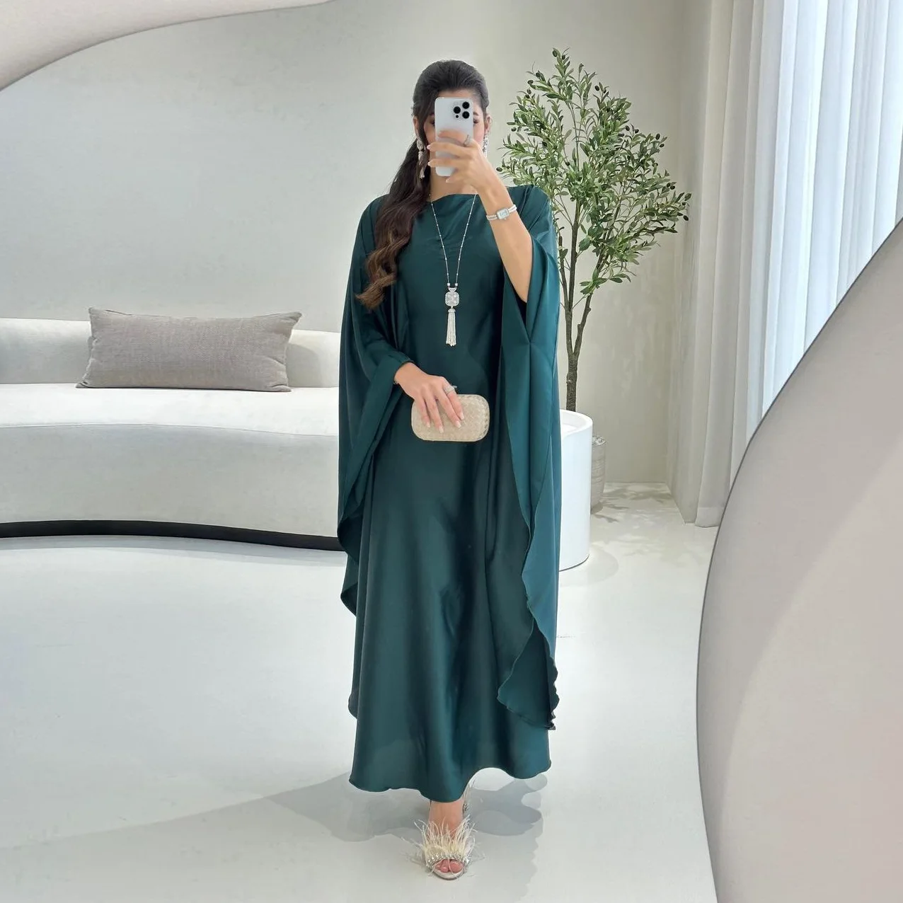 Spring Autumn Fashion Solid Color Party Dress Muslim Women Round Neck High Waist Large Swing Long Dress Elegant Dress Ramadan