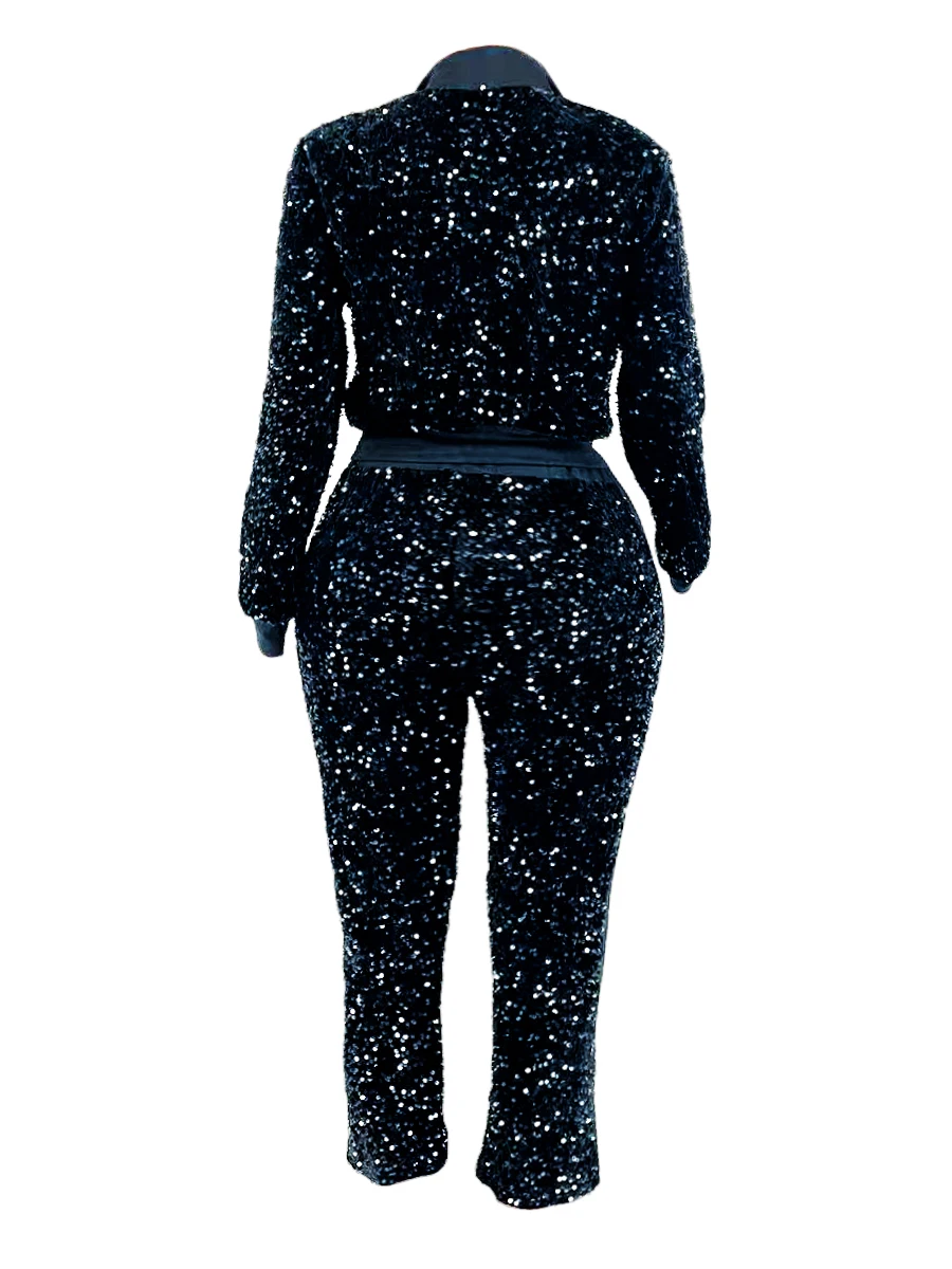 LW Zweiteilige Sets in Übergröße, Samt-Pailletten-Reißverschluss-Design, Top-Mantel und Hosen-Set, modisches Party-Abend-Damen-passendes Set