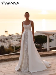 Luxury Embroidery Beads Lace Wedding Dress With Detachable Train Spaghetti Straps Bridal Gown 2025 Customized Dresses For Bride