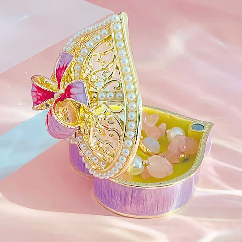 Wedding Giveaway Gift Trinket Box Alloy Heart-Shaped Bow Pearl Jewelry Box Storage Holder Creative Decoration