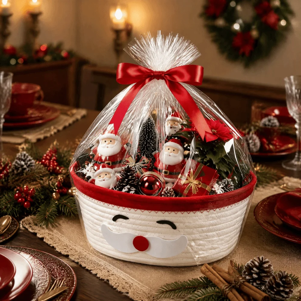 Cotton Rope Christmas Woven Storage Basket Xmas Theme Large Capacity Hand Woven Storage Basket Cartoon with Plastic Bags Ribbons