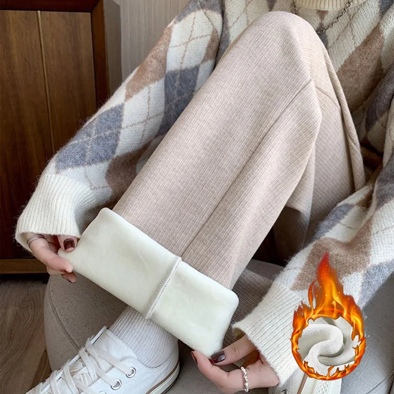Winter Female Plush High Waist Straight Leg Pants Women Snow Warm Drawstring Casual Trousers Girls Chic Fleece Thermal Pants