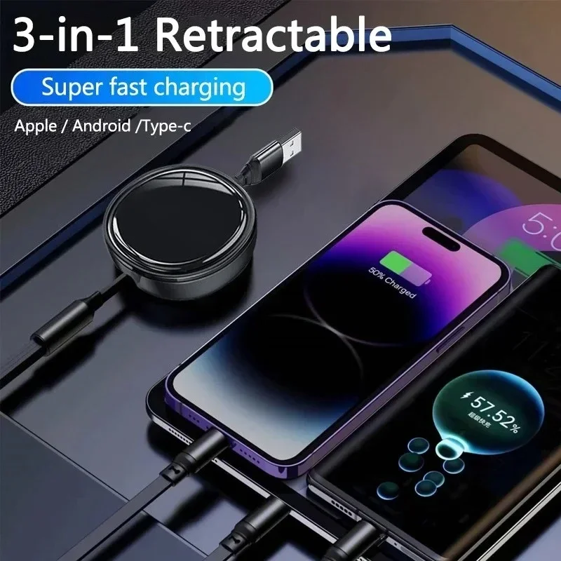 Kabel Dapat Ditarik 120W Pengisi Daya Cepat untuk Ifor IPhone 15 16 Samsung Galaxy Xiaomi Redmi Huawei USB C Kabel Pengisi Daya USB Mikro Ponsel