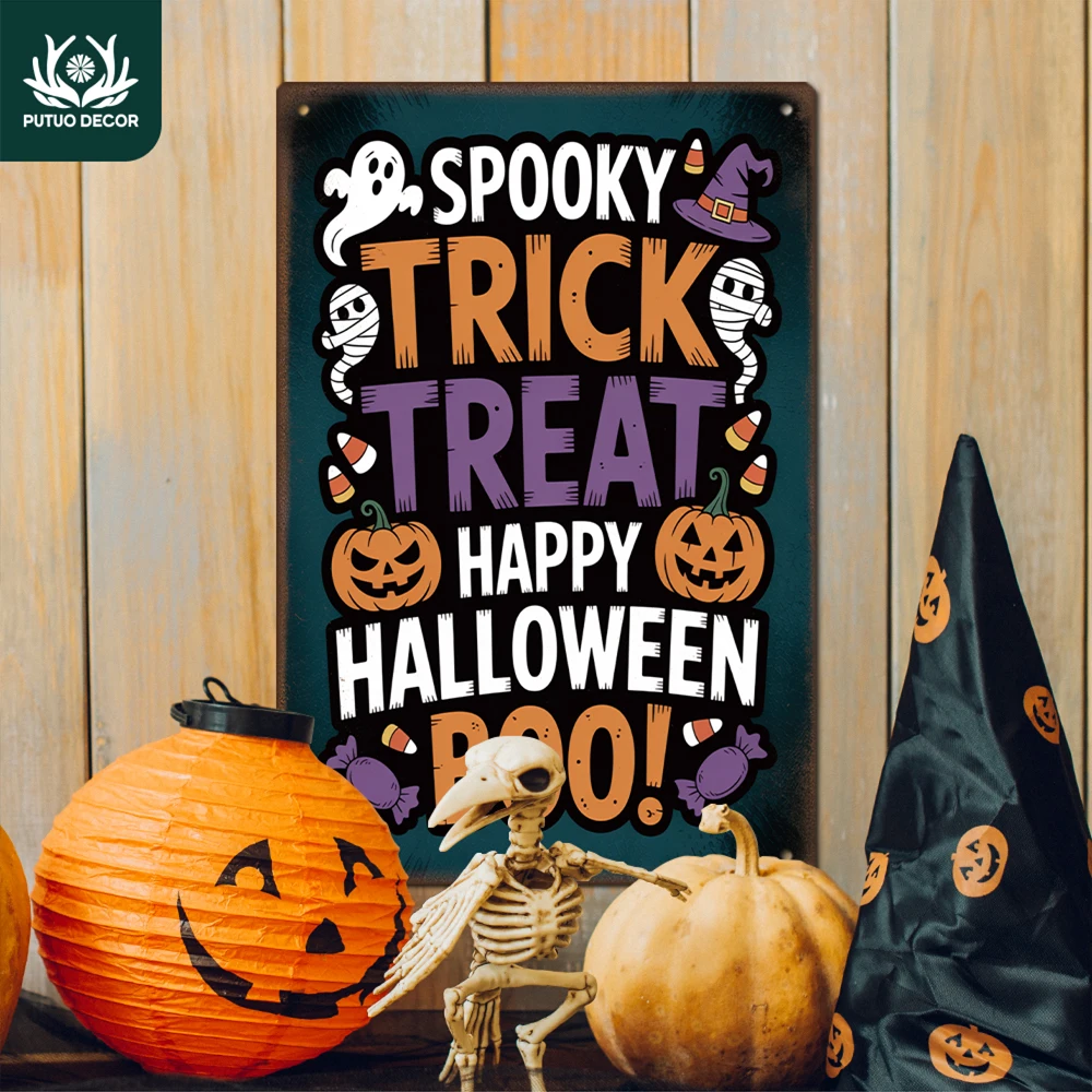 Putuo Decor 1pc Vintage Metal Tin Sign, SPOOKY TRICK TREAT HAPPY HALLOWEEN BOO！, Wall Art Decor for Home Halloween Party, Gift