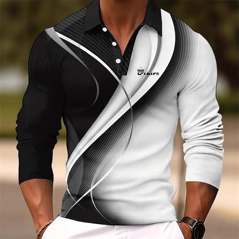 

Trendy Men's Long Sleeve Polo Shirts Classic Contrast Color Pullover 3D Striped Printed Daily Casual Lapel Top Trend Men Clothe