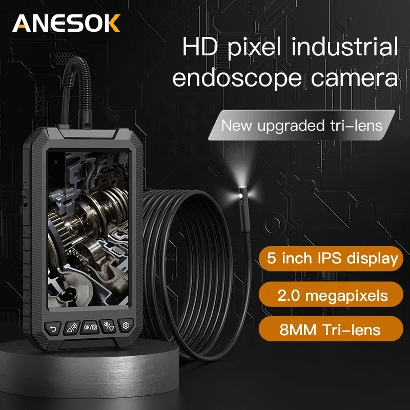 ANESOK Industrial Endoscope Inspection Camera1080P HD Borescope Pipe Camera 5'' Screen Snake Camera with Light Detachable Cable