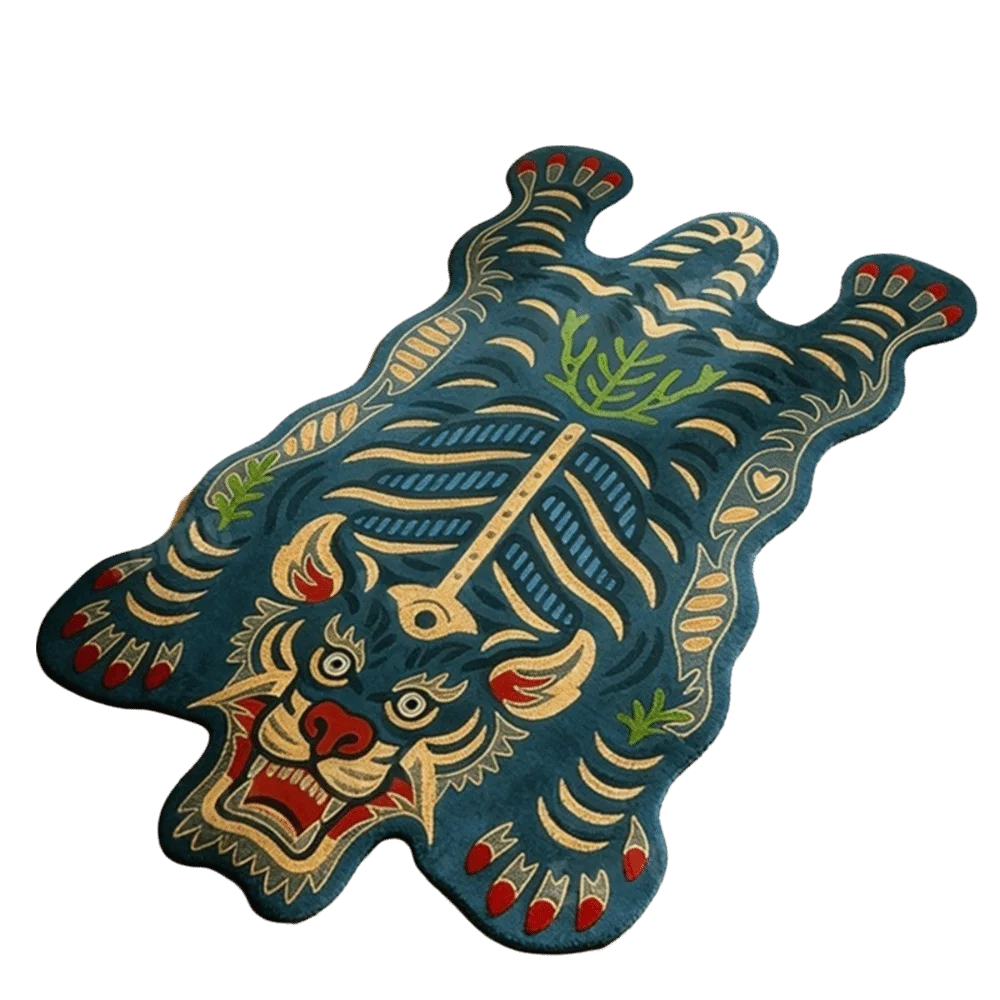 Retro Non Slip Tiger Carpet 2D Flat Tiger Lifelike Creative Floor Mat Unique Shape Wear Resistant Area Rug Bedroom