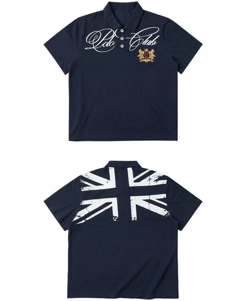Union Jack Print Pure Cotton Piqué Street Style Polo Short-Sleeve T-Shirt with Off-Shoulder Design
