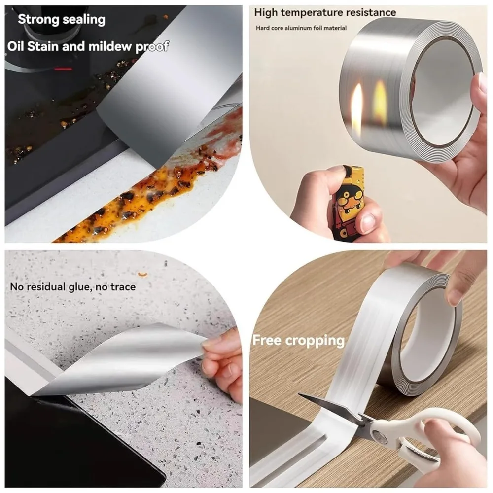 Taśma aluminiowa kuchenna 5-20m, wodoodporna, odporna na ciepło, wytrzymała, o szerokości 3/5cm, samoprzylepna taśma uszczelniająca do naprawy szczelin w kuchenkach. — zdjęcie 4