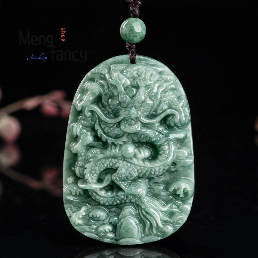 Natural Jadeite Zodiac Dragon Plaque Pendant Charms Fashion Engraver Fine Jewelry Men Women Amulet Mascots Luxury Holiday Gifts