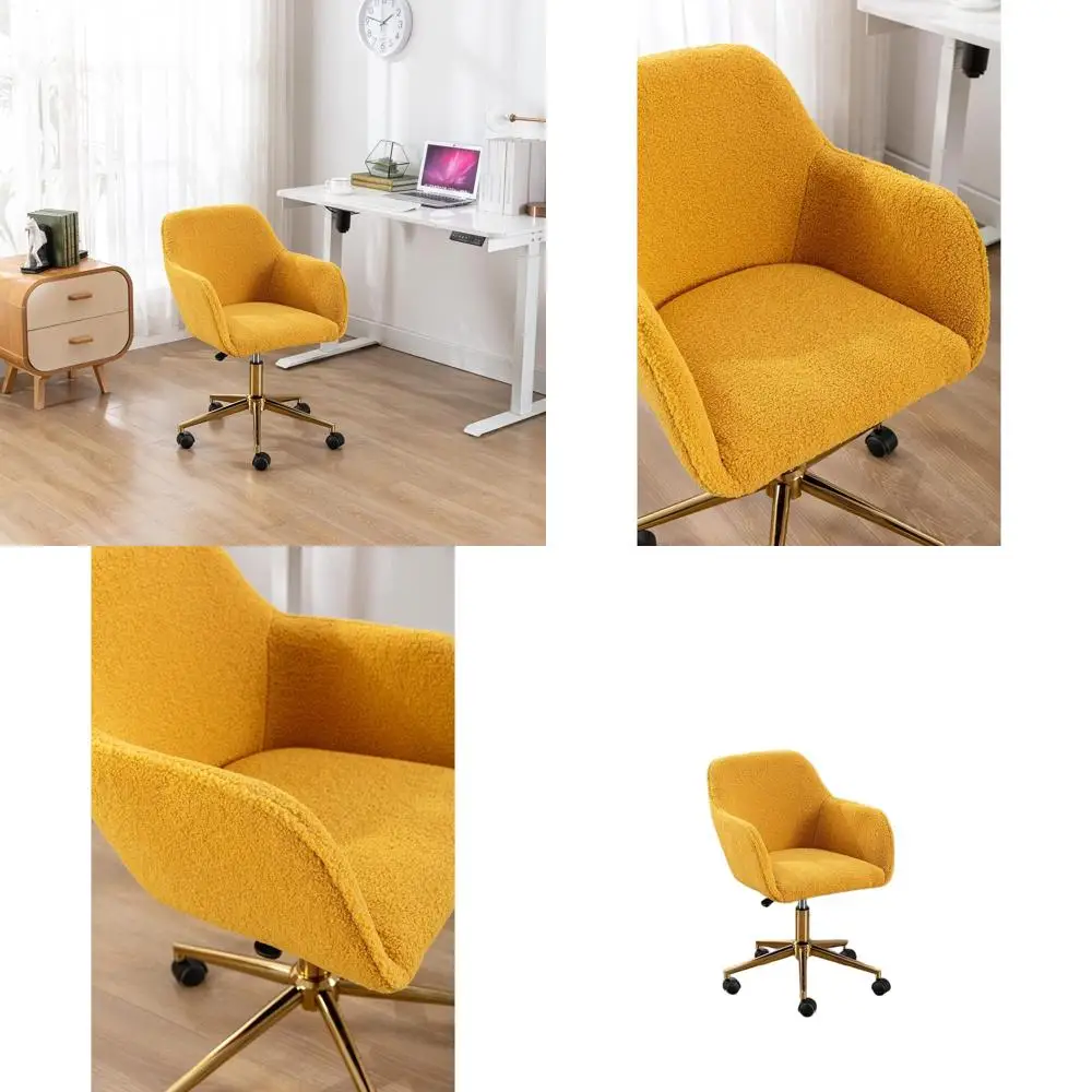 

360 ° Поворотное кресло из желтой ткани Teddy с регулируемой высотой и золотистыми ножками для домашнего офиса
