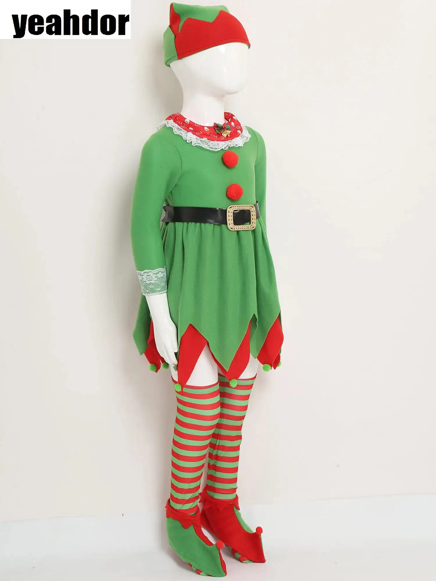

Girls Christmas Green Elf Costume Lace Trims Long Sleeve Jagged Hem Fairy Dress with Hat Sock Fancy Santa Claus Cosplay Outfits