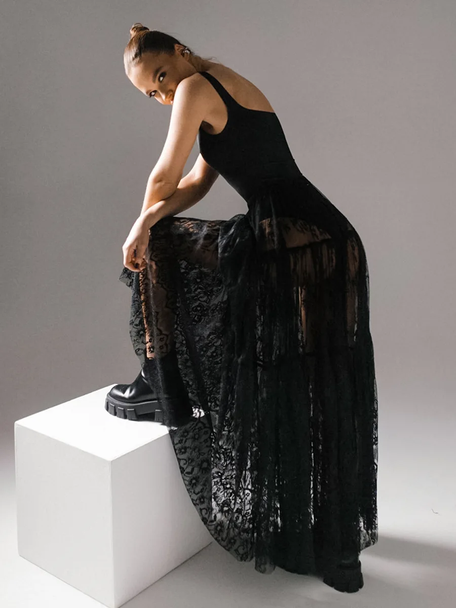 Black Sexy Lace High-waist Commuter SkirtTranslucent A-Line Skirt Women's Fashion Long Dress