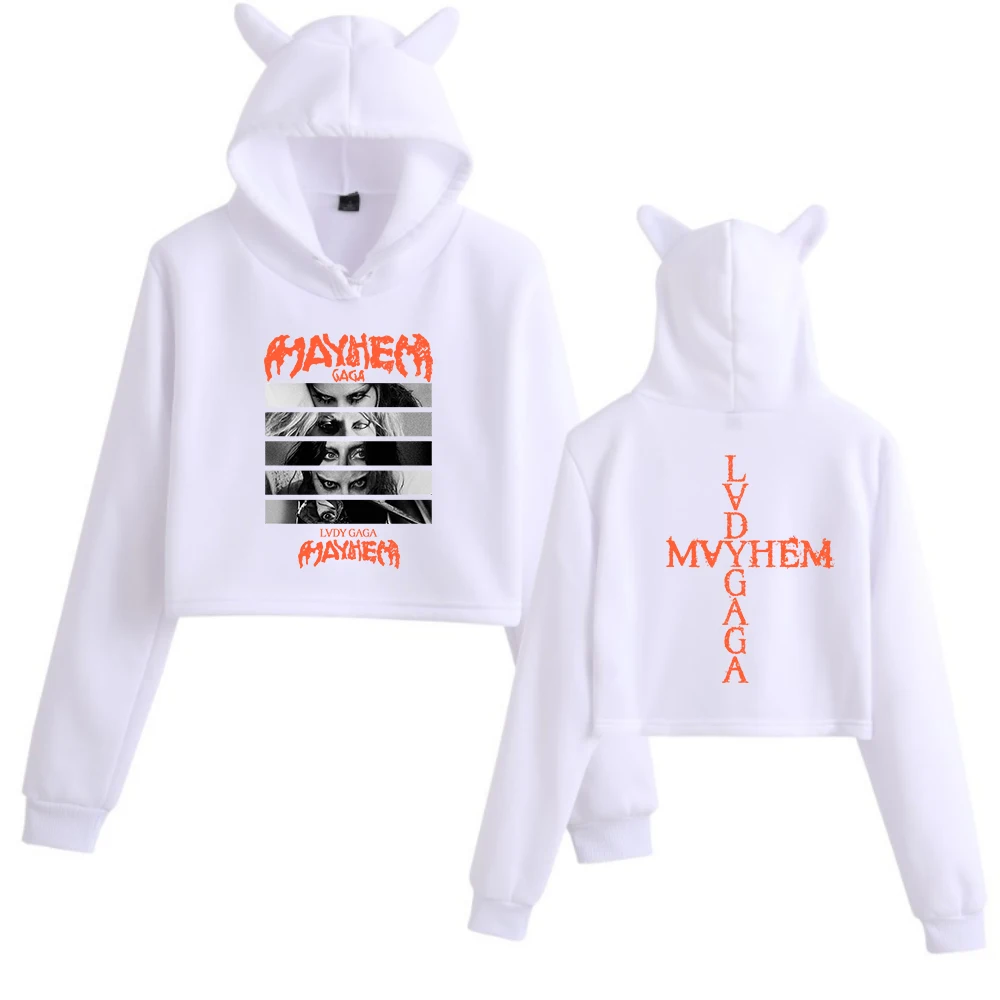 Lady Gaga Mayhem Tour 2025 Crop Tops Cat Ears Sweatshirt Long Sleeve Girls Women Fashion Hoodie