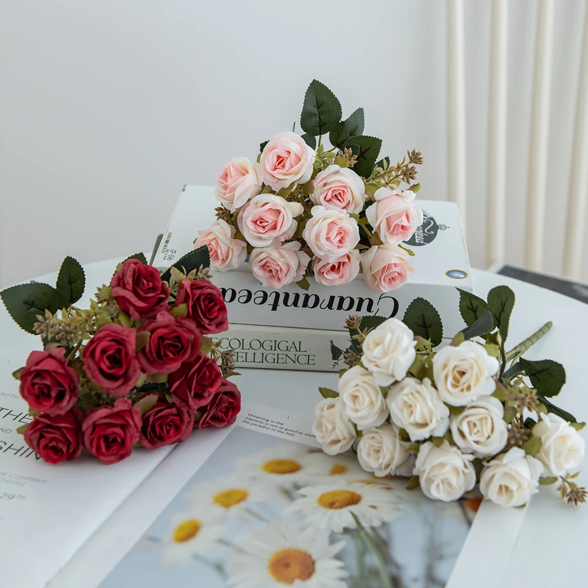 5 Stück Seiden-Kunstblumen, Nelken und Rosen, Hochzeits-Brautstrauß, Heimdekoration, Outdoor-Garten, Wanddekoration, DIY-Geschenk, Zubehör – Detail 1