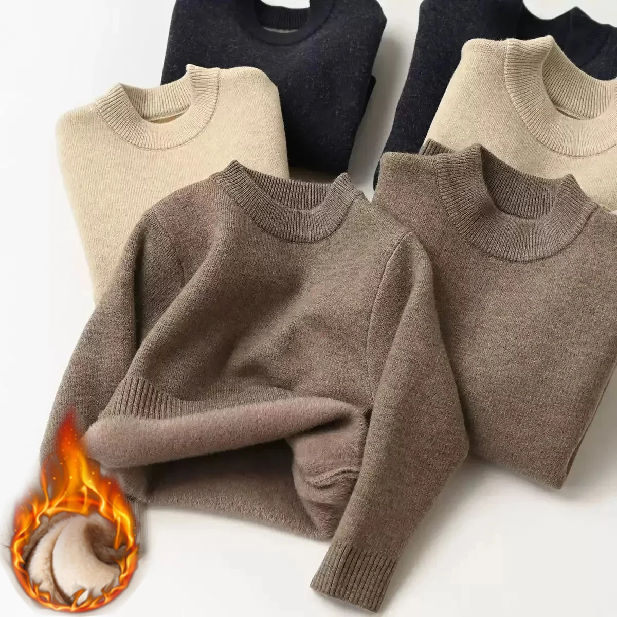 

Knitted Sweater for Boys Autumn Winter Fleece Thick Warm Teen Kids Pullovers 2 To 8 Years Solid Simple Casual Children Warm Tops