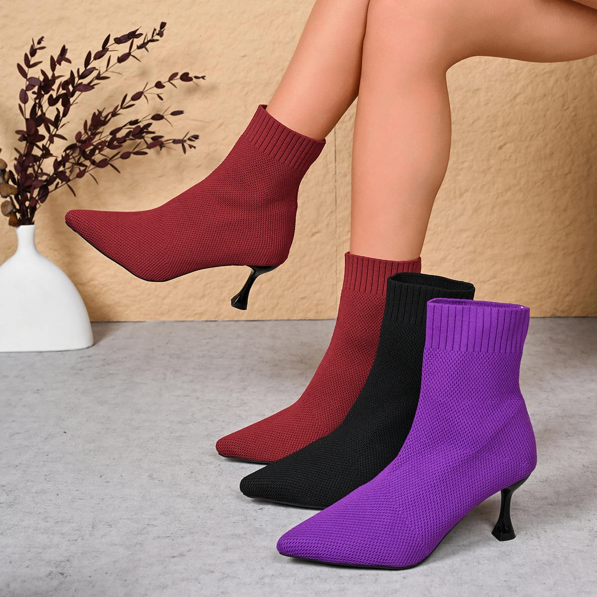 Large Size Women Boots Fashionable Elegant Short Boots New Pointed Toe Slim High Heels Shoes Women Trend Leather Rubber Shoes