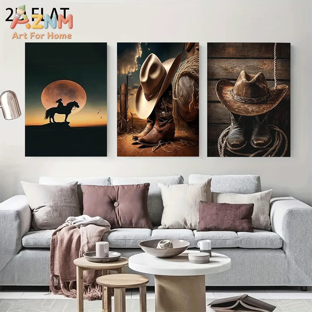AZNM Frameless Canvas Wall Art, Vintage Western Cowboy Horse Sunset Hat Boot Print, Retro Wild West Country Style Wall Decor for