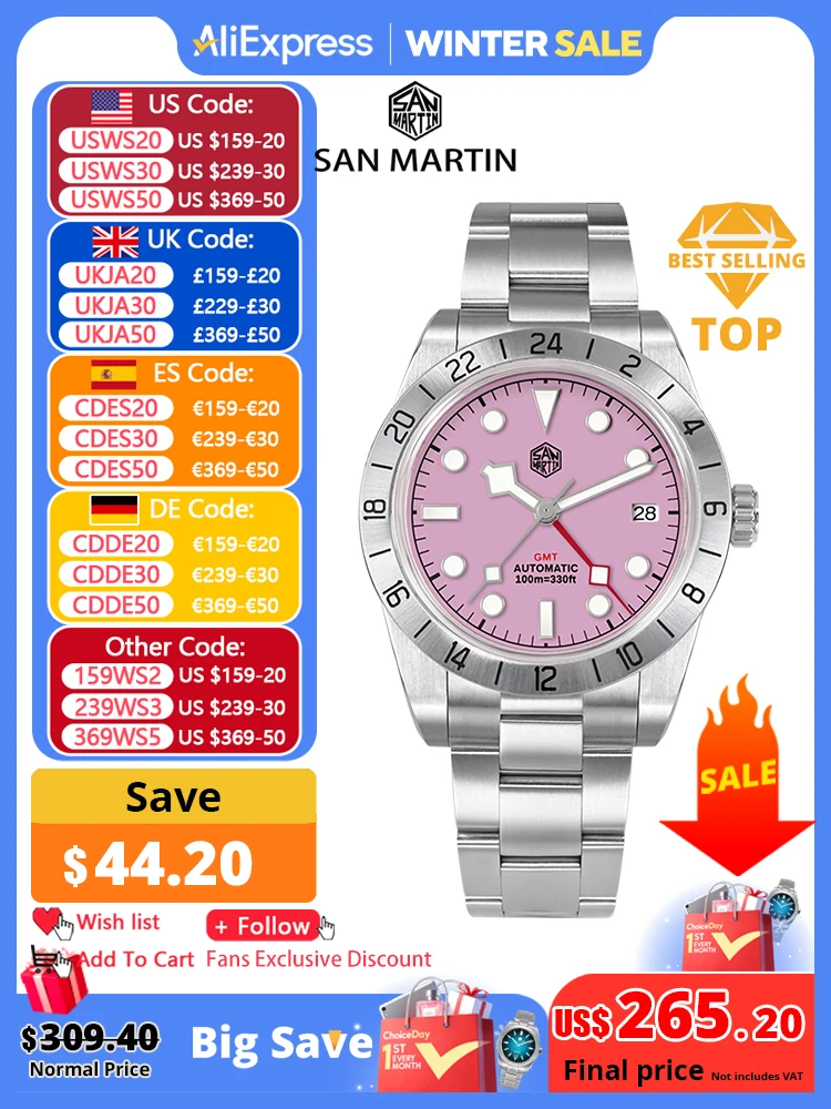 San Martin Roze Wijzerplaat BB GMT NH34 39mm Klassieke Luxe Zakelijke Mannen Horloge Automatische Mechanische Saffier Waterdicht Relojes SN0054