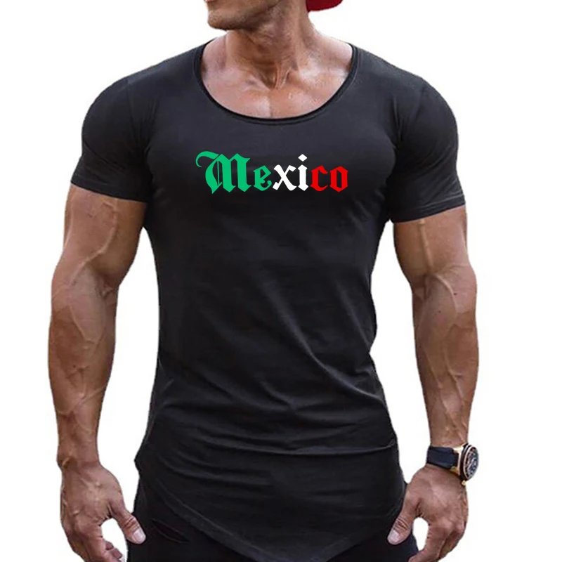 camiseta-masculina-de-verao-manga-curta-mexico-treino-fitness-slim-fit-roupa-esportiva-academia-musculacao-algodao-respiravel
