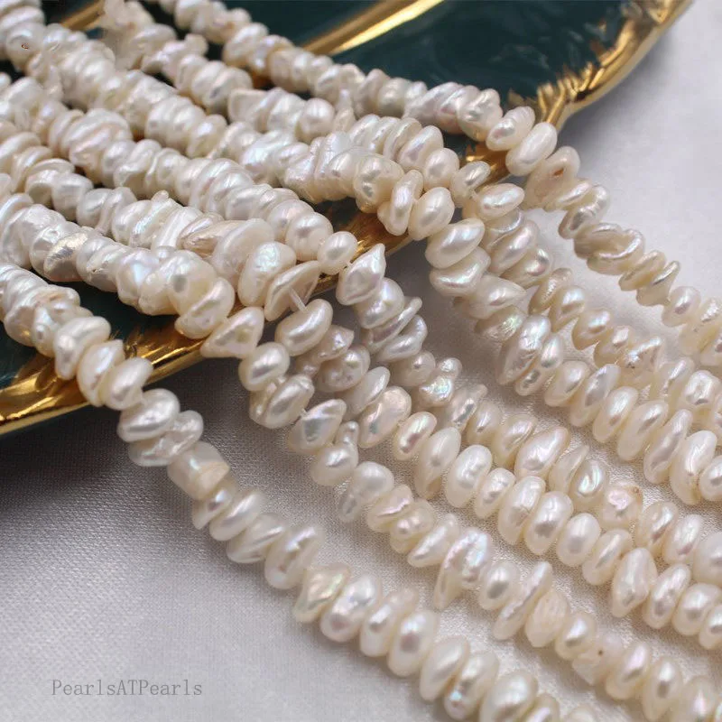 16 inches 5-8mm Natural White Center Drilled Keshi Baroque Pearls Loose Strand