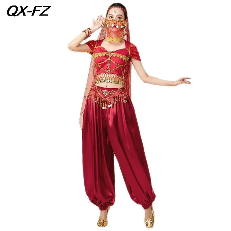 مجموعة أزياء بوليوود للسيدات للرقص الشرقي الهندي + سراويل تناسب الأميرة العربية الشرقية ملابس الرقص أداء الياسمين #4