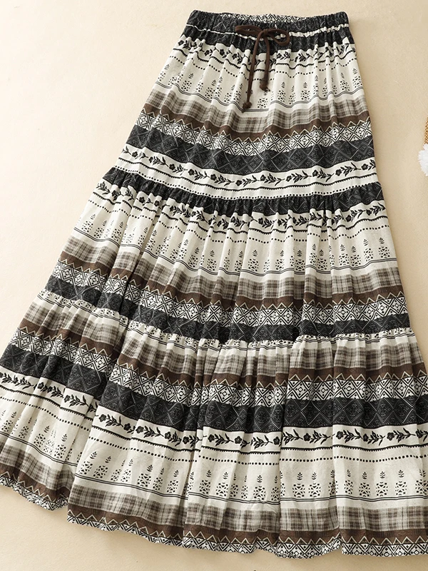 Bohemian Print Half-length Pleated Skirt Women's Spring Summer Drapy Double-layered Umbrella Skirt Cotton Casual High Waist