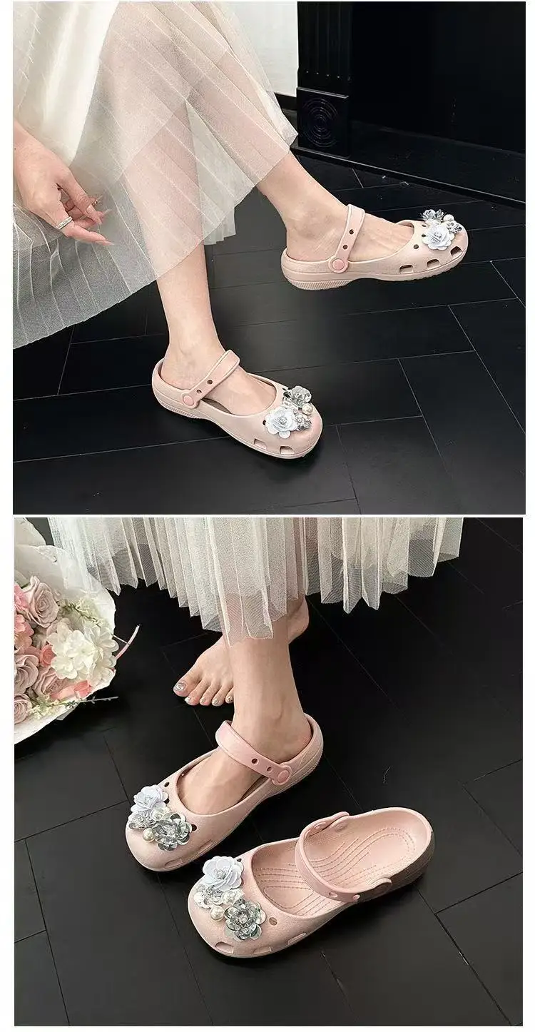 2026 Neue Sommer-Pantoffeln für Damen, Luxuriöse Perlen-Metall-Blumen-Designer-Ballettschuhe, Damensandalen für drinnen und draußen – Detail 17
