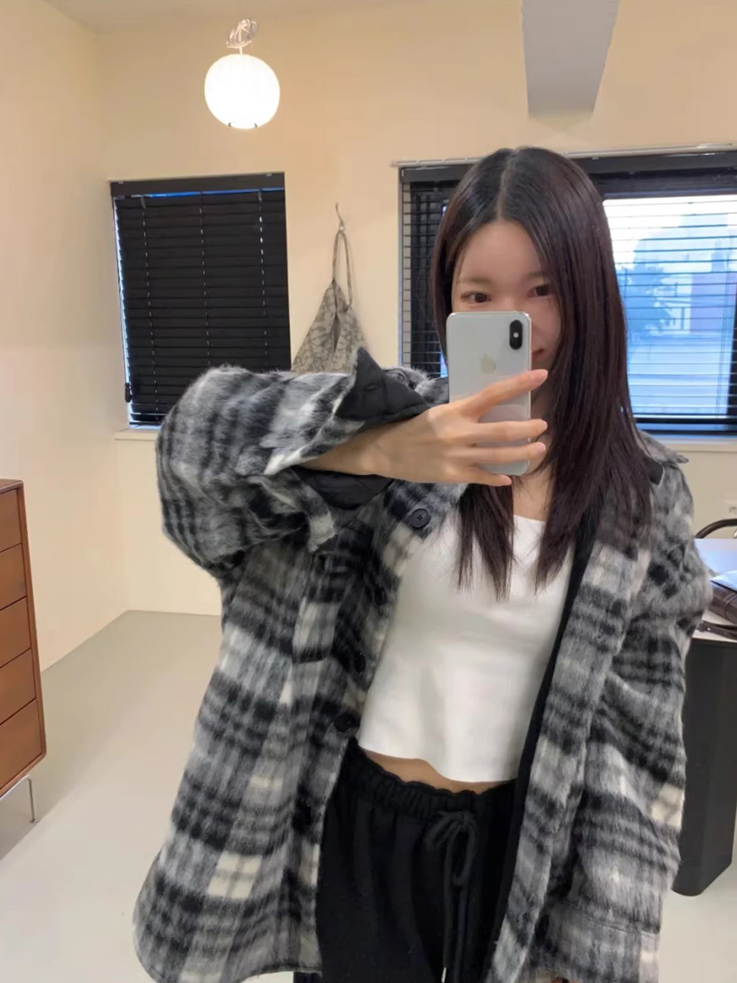 

Retro Agel Color Blo Bla White Plaid Woolen Coat Women's Mid-Length Cotton Lined Winter New Sle Korean Loose Fit