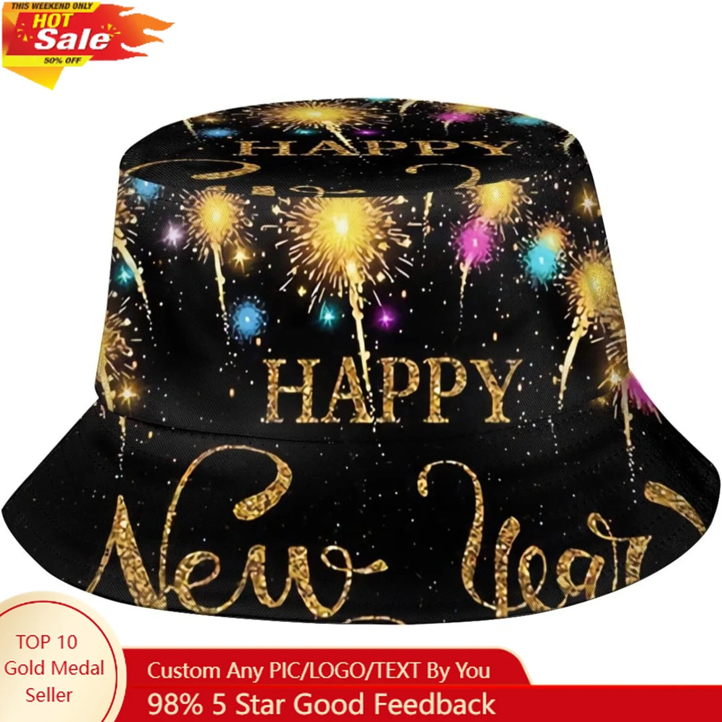 

Fashion Happy New Year Bucket Hat for Men and Women Packable Sun Cap Happy New Years Xmas Fisherman Hat