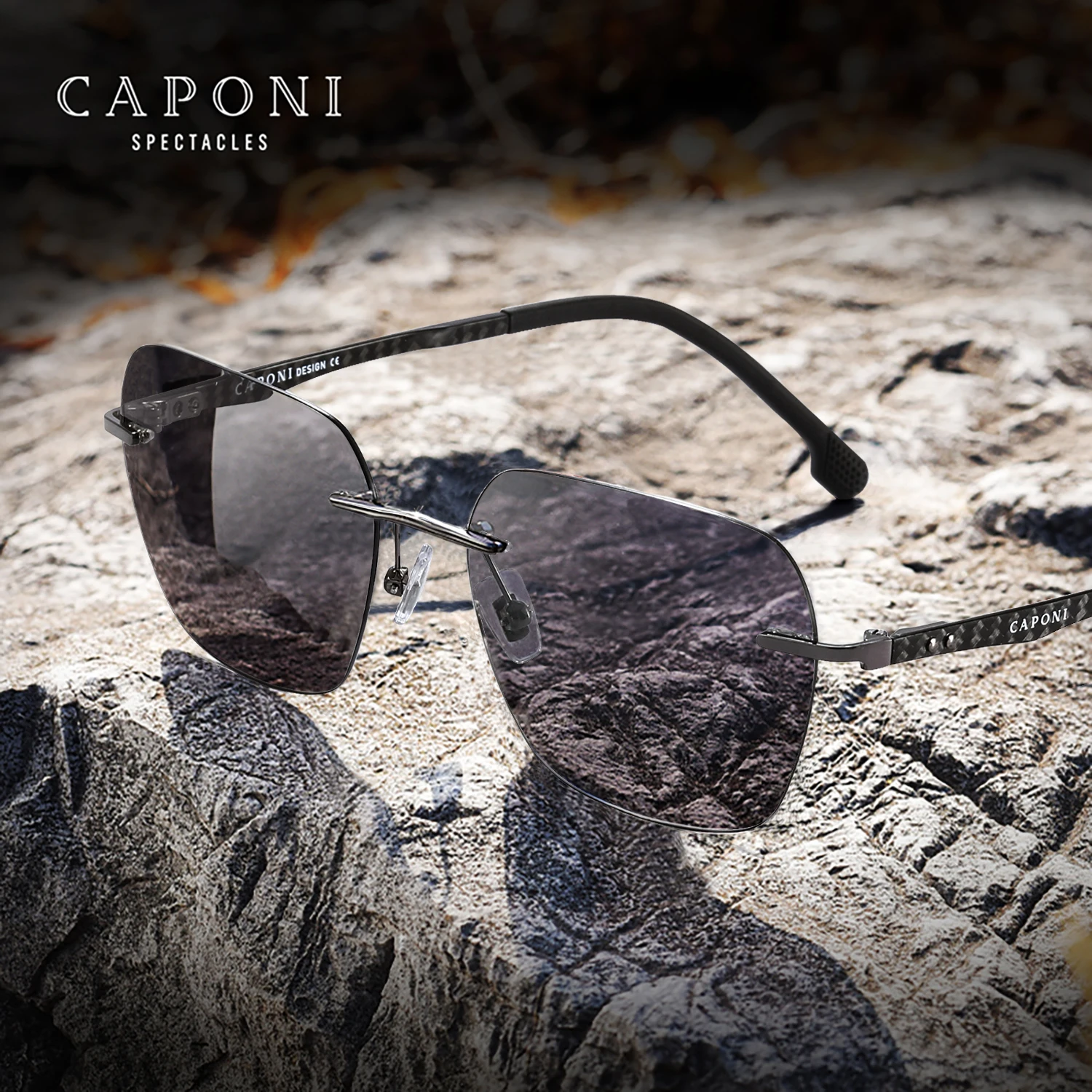 משקפי שמש CAPONI לגברים מפולריזציה מסיבי פחמן קלות משקל ללא מסגרת משקפי נהג אפורות פוטוכרומיות UV400 BS24610