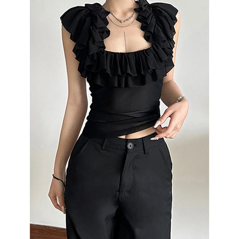 Women's Summer Tank Tops Slim Fit Stylish Sheer See Through Ruffled Scoop Neck Sleeveless T-Shirt, Stylish Tops view 4