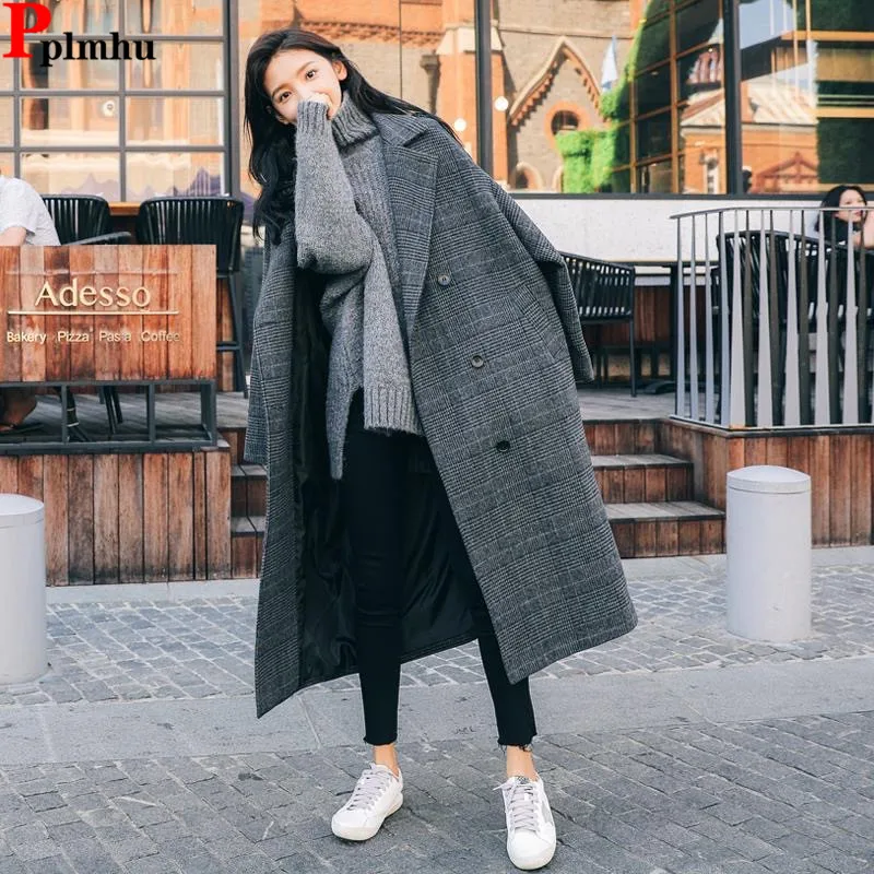 

Cotton Padded Lined Plaid Woolen Coats Tops Winter Korean Casual Jackets Double Breasted Lapel Chamarras Women Elegant Abrigos