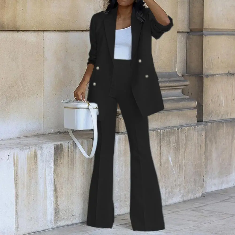 Two Pieces Women Blazer Pants Sets Solid Color Double Breasted Lapel Jacket Wide Leg Trousers Autumn Winter Lady Suit for Office