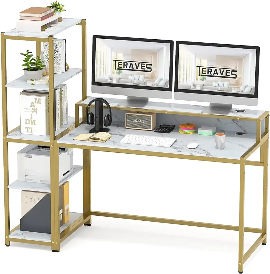 

Computer Desk w/ 5 Tier Shelves,Reversible Writing Desk with Storage 41/49 In Study Table for Office Independent Bookcase