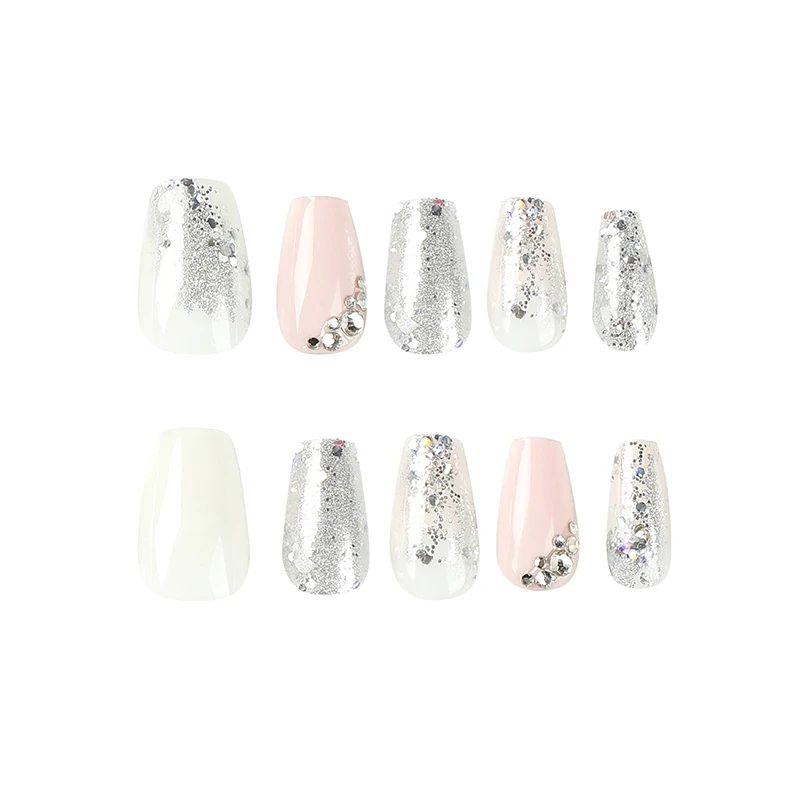 24Pcs Pink and White Contrast Press on Nails Rhinestone Silver Glitter False Nail for Women&Girl Removable wearable Nail Art