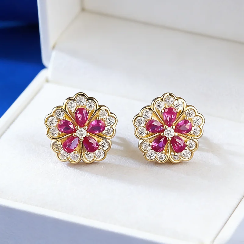 

New light luxury 9999 24K real gold red diamond peony flower earrings red corundum colored gem inlaid earrings