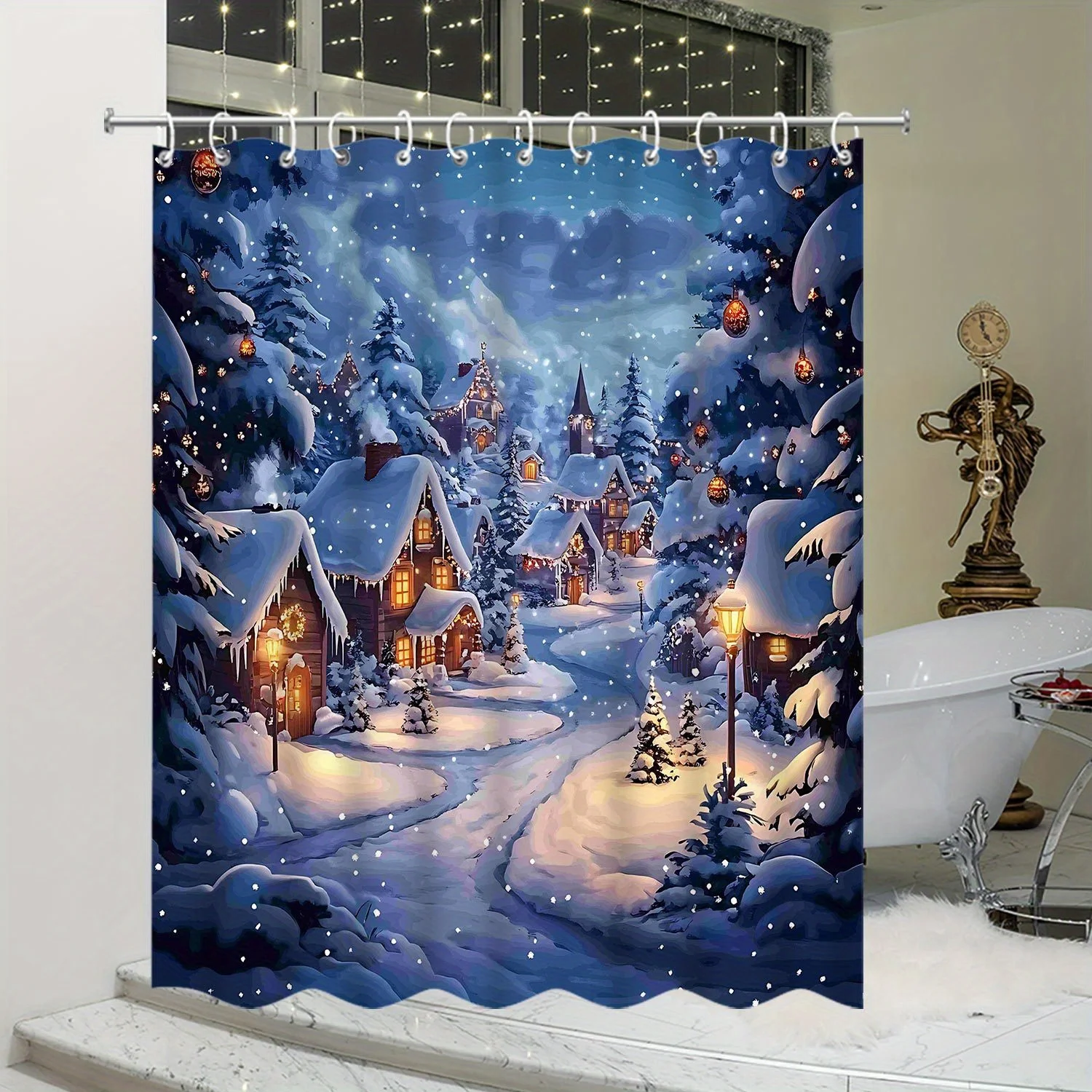 1pc 2D Flat Shower Curtain, Snowy Village Winter Wonderland Printed Shower Curtain, Decor for Bathroom