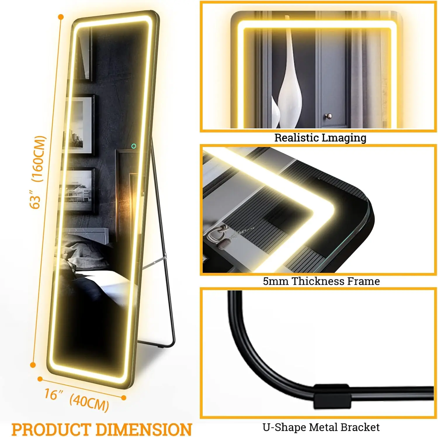 Miroir sur pied pleine longueur avec lumières, miroir de sol à gradation, 3 éclairages de documents, miroir autoportant, miroir complet à LED, 63 po x 16 po