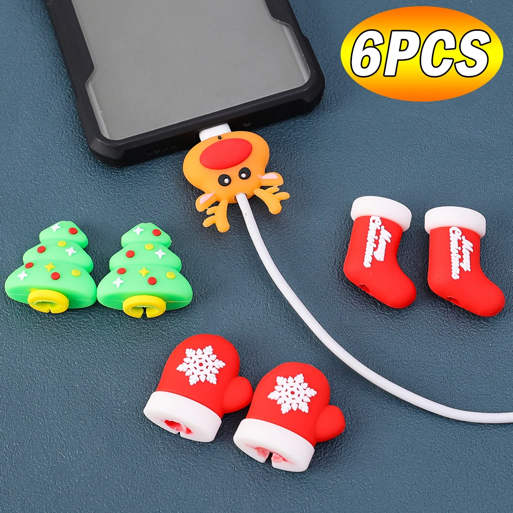 6/1Pcs Cartoon Christmas Cable Protector For Universal Mobile Phone Charger Wire Winder Cord Saver Wrap USB Cables Sleeve