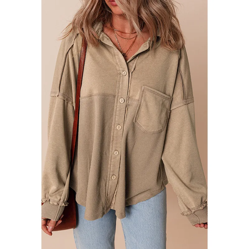 

2025 Autumn New Solid Color Long Sleeve Jacket for Women, European and American Fashion Retro Loose Fit Concealing Lapel Coat fo