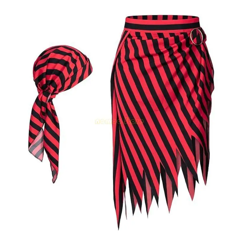 31BF 2pcs Accesorios disfraces piratas Pirate Pirata Falda pirata pañuelo para cabeza para carnavales Halloween