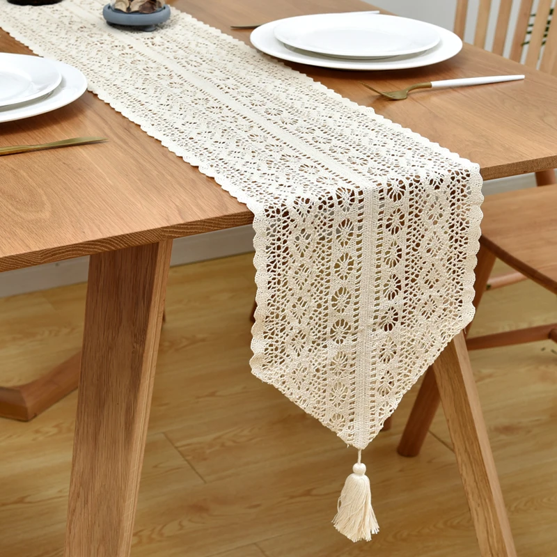 Table Runner Beige Christmas Crochet Lace Cotton Blended Fabric with Tassel For Coffee Table Decor Wedding Decoration