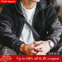 Maden Casual Imitation Lamb Wool Patchwork Jacket Cotton Coats Men's Winter Hooded Warm Plush Cotton Jacket Streetwear