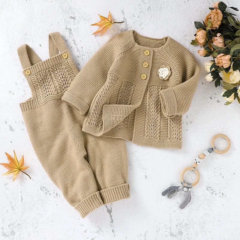 Winter Warm Knitted Baby Girls Clothes Sets Autumn Long Sleeves Floral Jackets+Rompers Newborn Infant Kids 2pcs Outfits Costumes