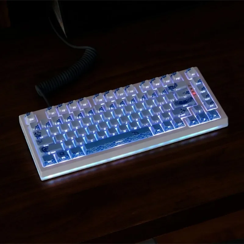 136 teclas pbt keycaps cereja altamente gravado lateralmente translúcido tampa de chave azul e branco porcelana personalizada ou teclado mecânico