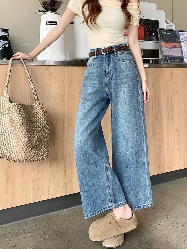 

Синие джинсы с высокой талией и прямыми штанинами, женские, летние, корейская версия, утягивающие, универсальные, короткие, больших размеров, повседневные, удобные, мягкие