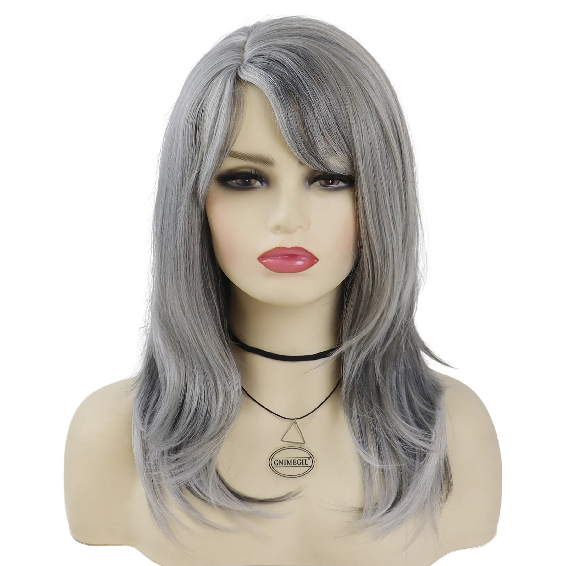 Synthetic Long Wave Wigs Natural Soft Mommy Wig with Bangs Silver Grey Wig for Women Old Lady Fake Hair Cosplay Halloween Party