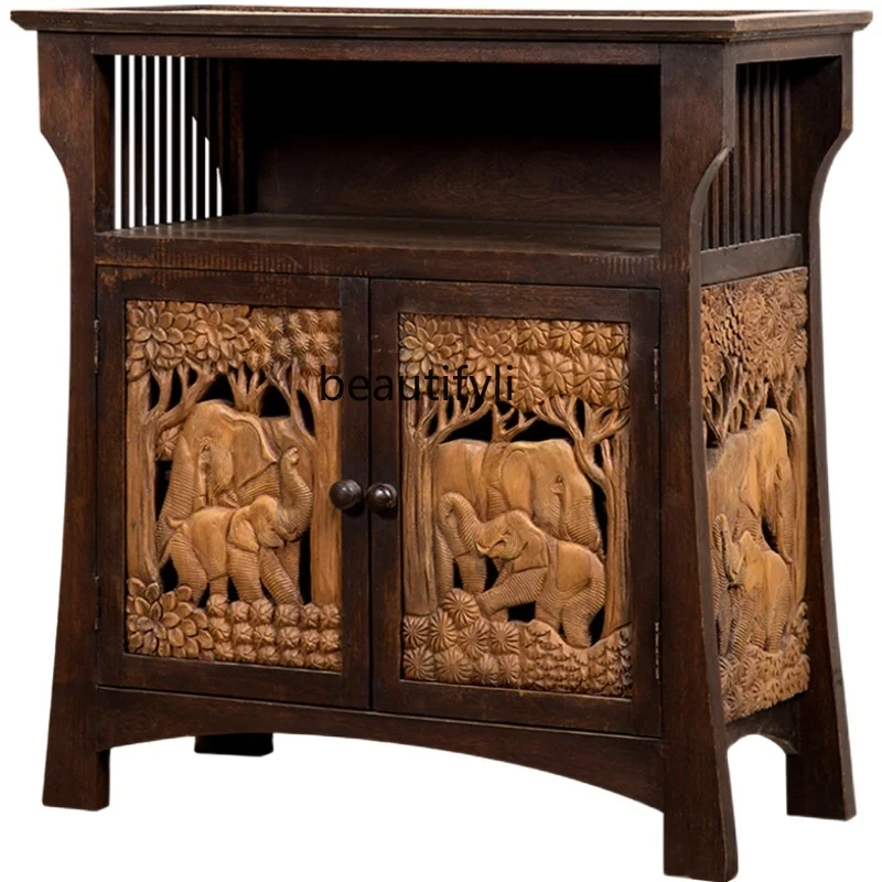 

Solid Wood Entrance Cabinet Southeast Asia Carved Wall Sundries Vintage Thai Storage Sideboard Cabinet