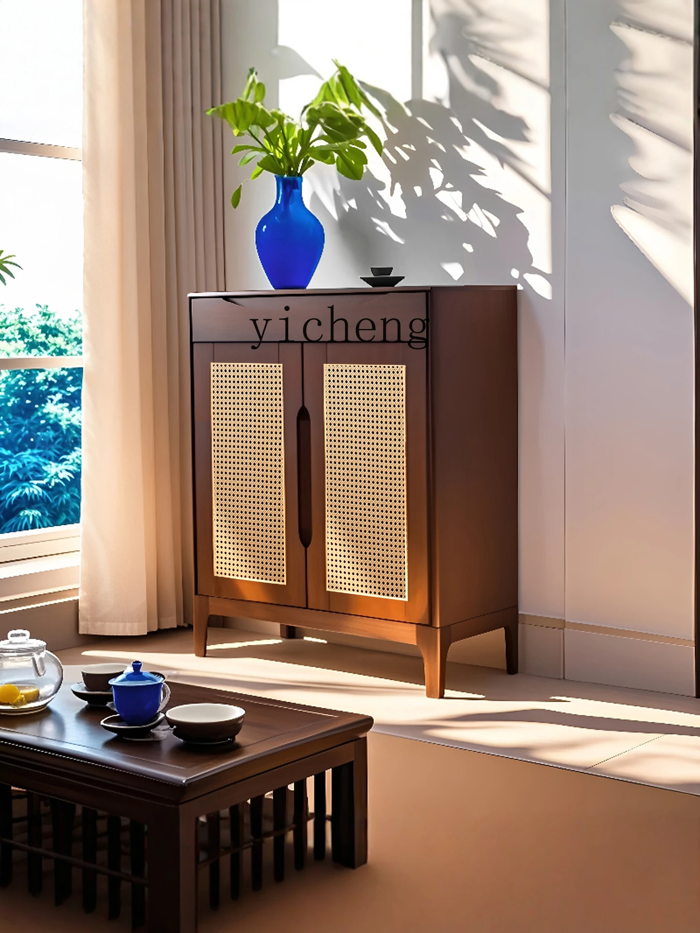 

L1 solid wood rattan shoe cabinet household entrance large-capacity storage cabinet